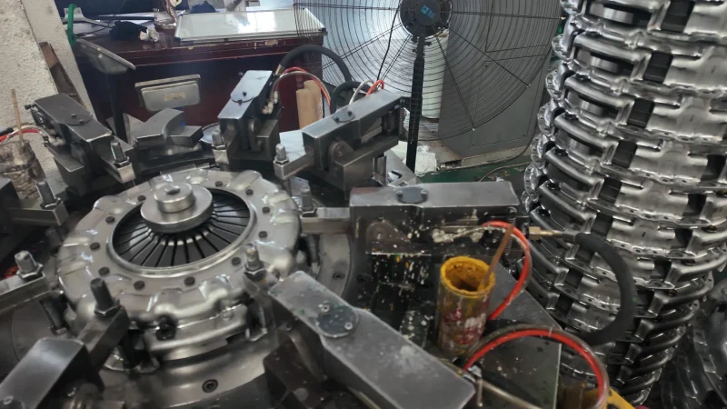 Clutch components at the assembly workstation.